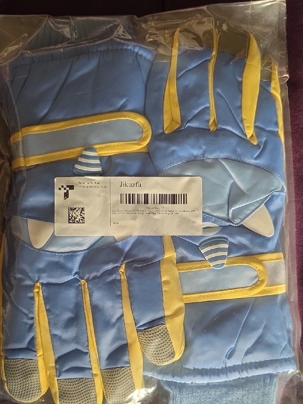Blue and Yellow Kids Touchscreen Ski Gloves.